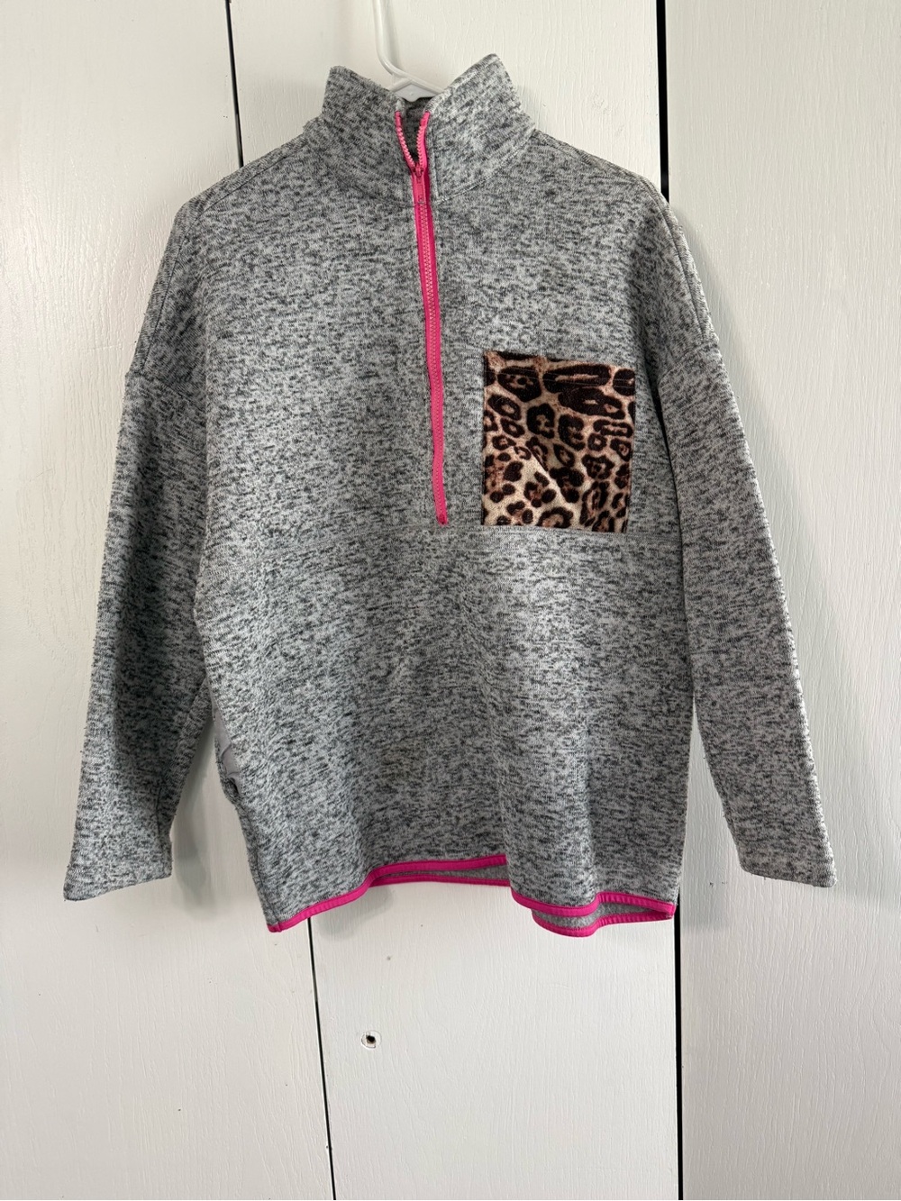 white birch Gray Half-Zip Pullover with Leopard Pocket and Pink Trim